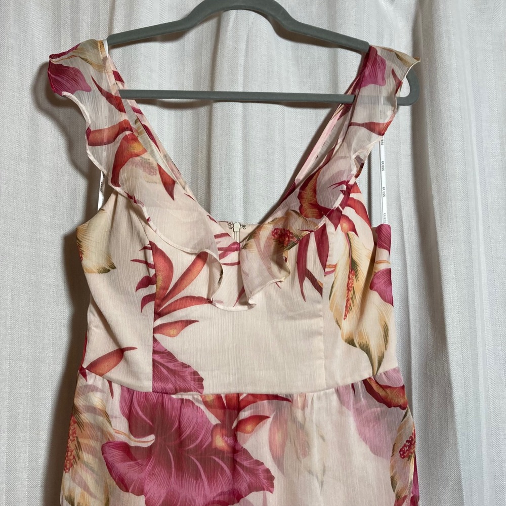 Guess Women Pink Tropical Floral Ruffle V-Neck‎ High-Low Maxi Dress M Romantic - Picture 8 of 10